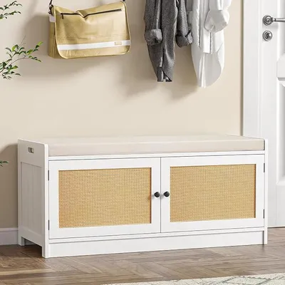 Imagen del producto de Zapatero con asiento, estante para zapatos con espacio de almacenamiento, armario para zapatos, 4 compartimentos abiertos, banco con espacio para zapatos hecho de madera. Ideal para pasillos y entradas, dimensiones: 102x40x46 cm (blanco)