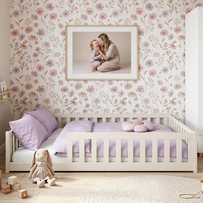 Image de Lit d'enfant au sol 140 x 200 cm avec barrière de sécurité, matelas et sommier à lattes Lit Montessori Lit à barreaux Lit pour enfants et adolescents Lit simple | Coton