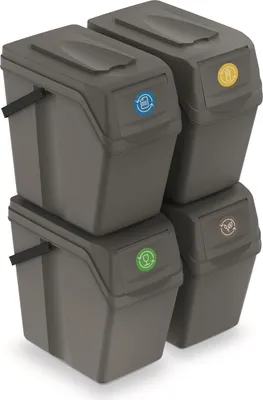 Four stacked recycling bins with different colored symbols on their lids.