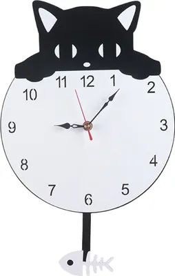 A black and white cat-shaped wall clock with a pendulum shaped like a fish skeleton.