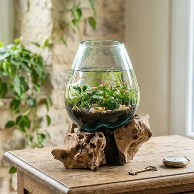 Image de vase exceptionnel en bois de racine & verre, pièce unique, verre décoratif, vase de fleurs, objet décoratif