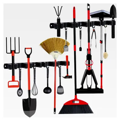 Produktbild von 2 Stück Wandhalterung für Besen, 10 Halter + 8 Haken Edelstahl Gerätehalter, Selbstklebend, Schwarz