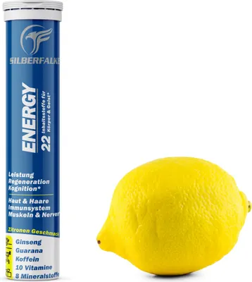 Produktbild von SilberFalke Energy Brausetablette Zitronen Geschmack mit 10 Vitaminen, 8 Mineralstoffen, Ginseng, Guarana, L-Carnitin und Koffein