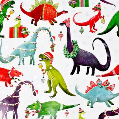 Produktbild von Geschenkpapier Weihnachts Dinosaurier 70cm x 2m Rolle Weiß / Bunt