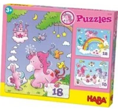 Produktbild von Puzzles Einhorn Glitzerglück. 3 Motive 12, 15, 18 Teile