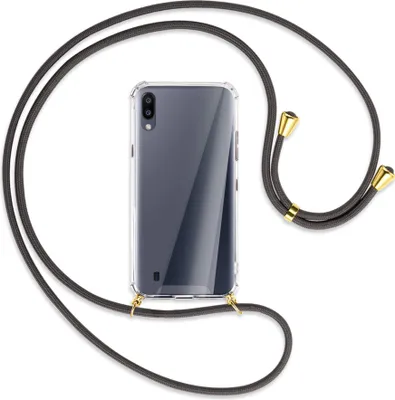 Produktbild von Handykette Backcover-Schutzhülle mit Band (Metall goldfarben) für Samsung Galaxy A10 - dunkelgrau