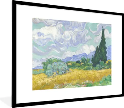 Produktbild von MuchoWow® MuchoWow® Gerahmtes Poster Weizenfeld mit Zypressen - Vincent van Gogh 80x60 cm - Poster mit zchwarzem Bilderrahmen - Schlafzimmer-Dekorationen - Fotoposter