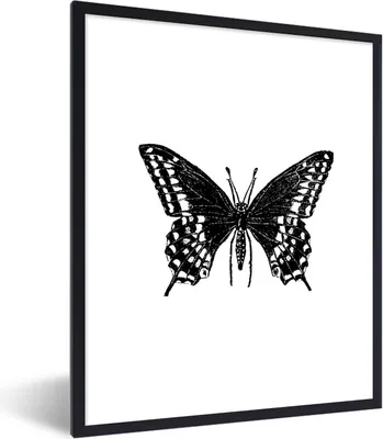 Produktbild von MuchoWow® Gerahmtes Poster Schmetterling - Tiere - Retro - Schwarz und weiß 60x80 cm - Poster mit Schwarzem Bilderrahmen Wandposter Rahmen Foto Bilder - Premium - Wanddeko Wohnzimmer