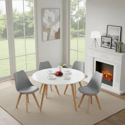 Productafbeelding van Eettafel met 4 stoelen, eethoek, wit, beuken, grijs, 120 cm