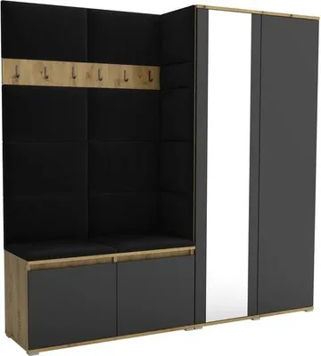 Produktbild von Garderoben-Set Noris IV mit Spiegel, gepolsterte Garderobe mit Sitzbank, Wandpaneelen und Stauraum (Farbe: Artisan Eiche/Schwarz + Trinity 16)