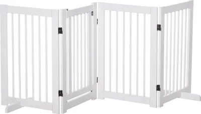 Produktbild von Absperrgitter Hund 4-teilig, 204 x 75 cm Faltbar Türschutzgitter mit Tür, Freistehend Hundegitter mit 2 Stützfüßen, Treppengitter aus Holz für Flur, Küche, Treppe, Weiß