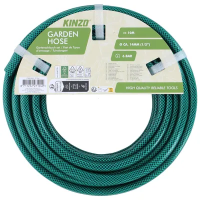 Obrázek produktu pro Zahradní hadice Kinzo, 10 metrů – průměr 1/2 palce (14 mm) – maximální tlak 6 barů – zelená barva