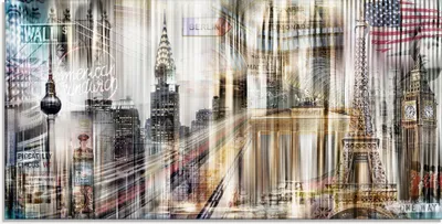 Produktbild von ARTland Glasbild Metropole Skyline Abstrakte Collage Größe: 100x50 cm