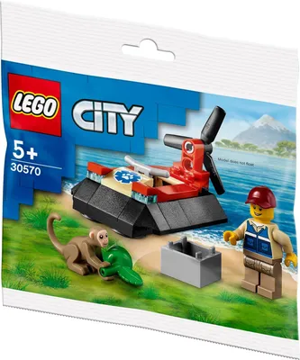 A LEGO City polybag set featuring a hovercraft, a minifigure, a monkey, and a green alligator.