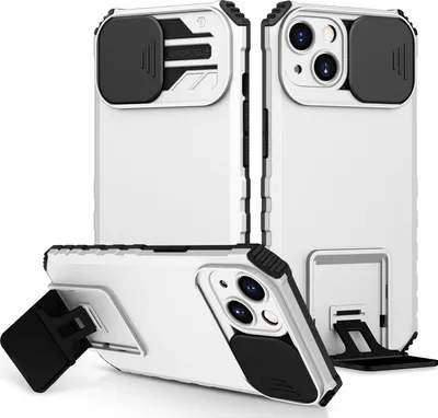 Obrázek produktu pro Pouzdro pro iPhone 14 dvouvrstvé robustní, vojenská ochrana pouzdro s stojánku a posuvnou ochranou kamery Bílý