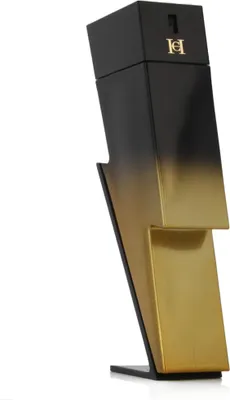 A perfume bottle shaped like a lightning bolt, with a gradient from black to gold.