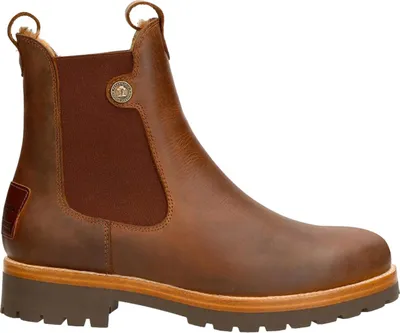 A single brown leather boot is shown against a white background.