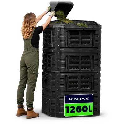 Produktbild von KADAX Modul-Kompostanlage, Schnellkomposter aus Kunststoff, Komposter mit Druckknöpfen, schwarzer Thermokomposter mit klappbarem Deckel (1260L)
