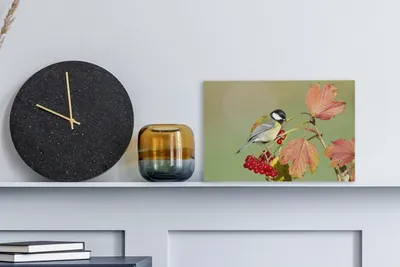 Zdjęcie produktu dla MuchoWow® - Obraz na płótnie - sikorka bogatka wśród czerwonych liści, fototapeta, dekoracja ścienna do salonu, 30x20cm