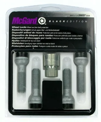 Immagine prodotto di Set di lucchetti per cerchi MCGARD, versione Black Edition, filettatura M12, chiave a 17 mm, lunghezza 63,9 mm