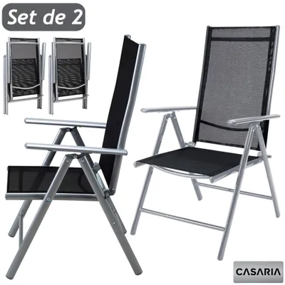 Image de 2x Chaises de jardin à dossier haut argent aluminium pliable résistante intempéries dossier réglable 8 positions accoudoirs 120kg