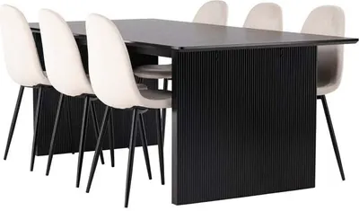 Produktbild von Vail Essgruppe Tisch schwarz und 6 Polar Stühle beige.