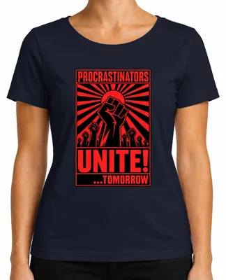 Zdjęcie produktu dla Koszulka damska "Procrastinators Unite" firmy Lustig Propaganda, kolor granatowy, rozmiar S