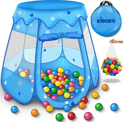 Produktbild von KIDUKU® Dětský hrací stan Blue se 100 míčky a taškou Hrací domeček Ball Pool Castle pro vnitřní i venkovní použití