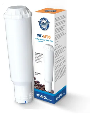 A coffee machine water filter and its packaging are displayed against a white background.