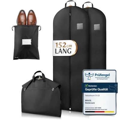 Produktbild von Bruce.® 2x Premium Kleidersack Lang 152 x 60 cm inkl. 1x Schuhbeutel, Optimierte Materialstärke, Hochwertige Kleiderhülle für Anzug, Jacke & Kleid