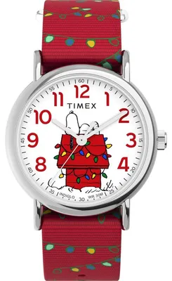 Produktbild von Timex Peanuts Damen-Armbanduhr, 38 mm, rotes Stoff-Durchzugsarmband, weißes Ziff
