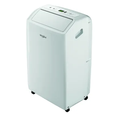 A white portable air conditioner on a white background.