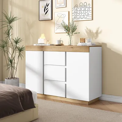 Image de MODFU Commode De Rangement Avec 3 Tiroirs Et 2 Portes, Construction En Panneaux E1 Imitation Chêne Pour Chambre Et Salon - 120,5x40,2x82,5 cm Chêne