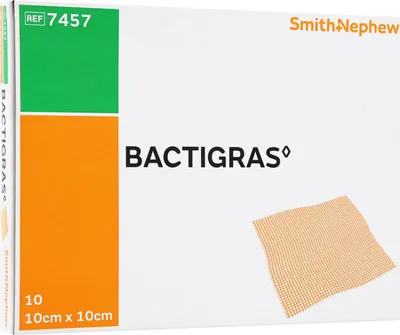 A product box for Bactigras antiseptic paraffin gauze.
