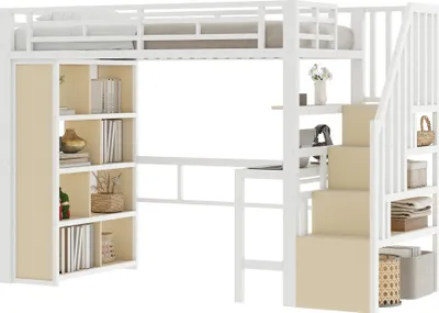 Produktbild von Hochbett mit RGB LED-Streifen, Schreibtisch, Bücherregal, Lattenrost, Treppe, Rausfallschutz, 90x200cm, Metallbett, Kinderbett