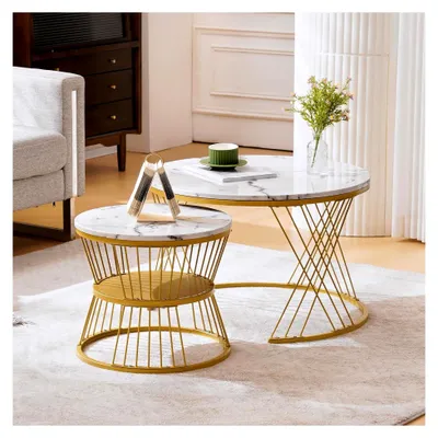 Produktbild von Rundes Couchtisch-Set 2-teilig Beistelltisch Weiß Wohnzimmer