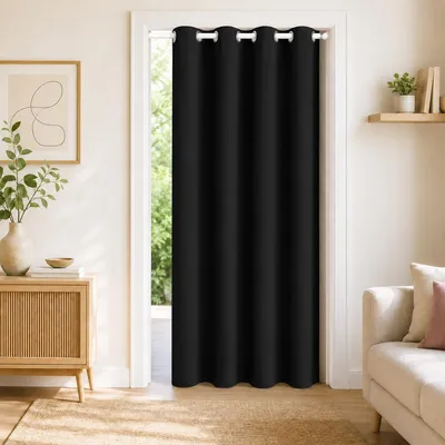 Produktbild von Türvorhang Blickdicht Vorhang Raumteiler Thermoisolierte Sichtschutz Ösenschal Gardine mit Ösen für Wohnzimmer Schlafzimmer, Schwarz, 132x203cm