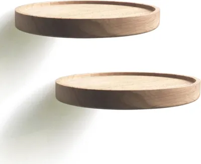 Productafbeelding van PromoHome® Set zwevende wandplanken – Moderne ronde houten planken voor decoratie, set van 2, diameter 18 cm, bruin