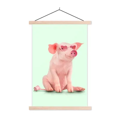 Produktbild von MuchoWow® Textilposter Schwein - Rosa - Brille - Sockel - Tiere 40x60 cm mit holzfarbenen Rahmen - Poster