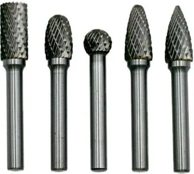 A set of five rotary burrs with different head shapes, mounted on metal shafts, are displayed against a white background.