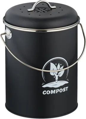 Image de Poubelle à compost Relaxdays pour la cuisine, 5,5 litres, avec couvercle et filtre anti-odeurs, poubelle pour déchets organiques, en fer, noir