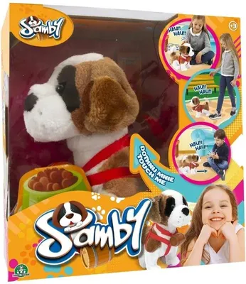 The image shows the packaging of an interactive toy dog named Samby, with promotional graphics and images of children interacting with the toy.