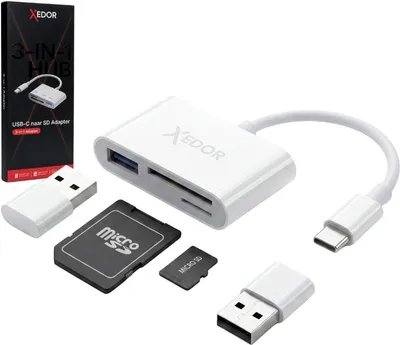Produktbild von Xedor Readex SD Kartenleser USB-C - 3-in-1 SD & Micro SD Kartenleser mit USB-A Port - Inkl. USB-A Adapter - Laptop, Tablet & Smartphone - Weiß