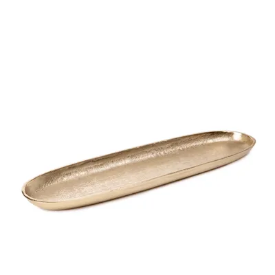 A long, oval-shaped golden tray is displayed against a white background.