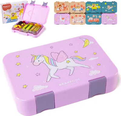 Produktbild von Brotdose Kinder mit Fächern, BPA frei, Lunchbox, Bento box, Brotbox, Brotdose Mädchen & Jungen, Snackbox mit Trennfächern, Vesperbox - Einhorn Lila