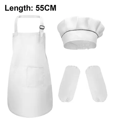 A set of chef's apparel including an apron, chef's hat, and arm covers, displayed against a white background.
