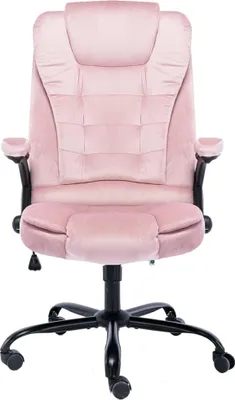 A pink velvet office chair is shown against a white background.