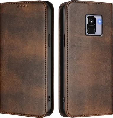 Produktbild von Handyhülle für Samsung Galaxy A8 2018, Vintage Leder RFID Schutz Kartenfach Standfunktion Magnetische Klapphülle Braun