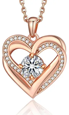 Productafbeelding van Halsketting dames, hartvormig, met moissanite (1 karaat), zilver 925, rosékleur, dubbel hart, sieraad, cadeau