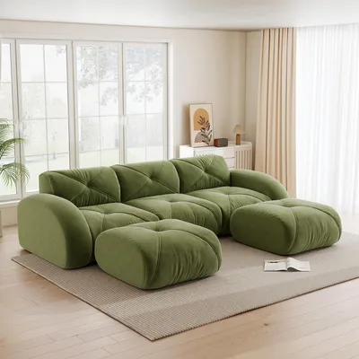 Zdjęcie produktu dla Modułowa sofa w kształcie litery U, 3-osobowa, z tkaniny szenilowej „Cloud Couch”, bezramowa, z pianką 32D, z 2 podnóżkami, antypoślizgowa, nie wymaga montażu, kolor zielony